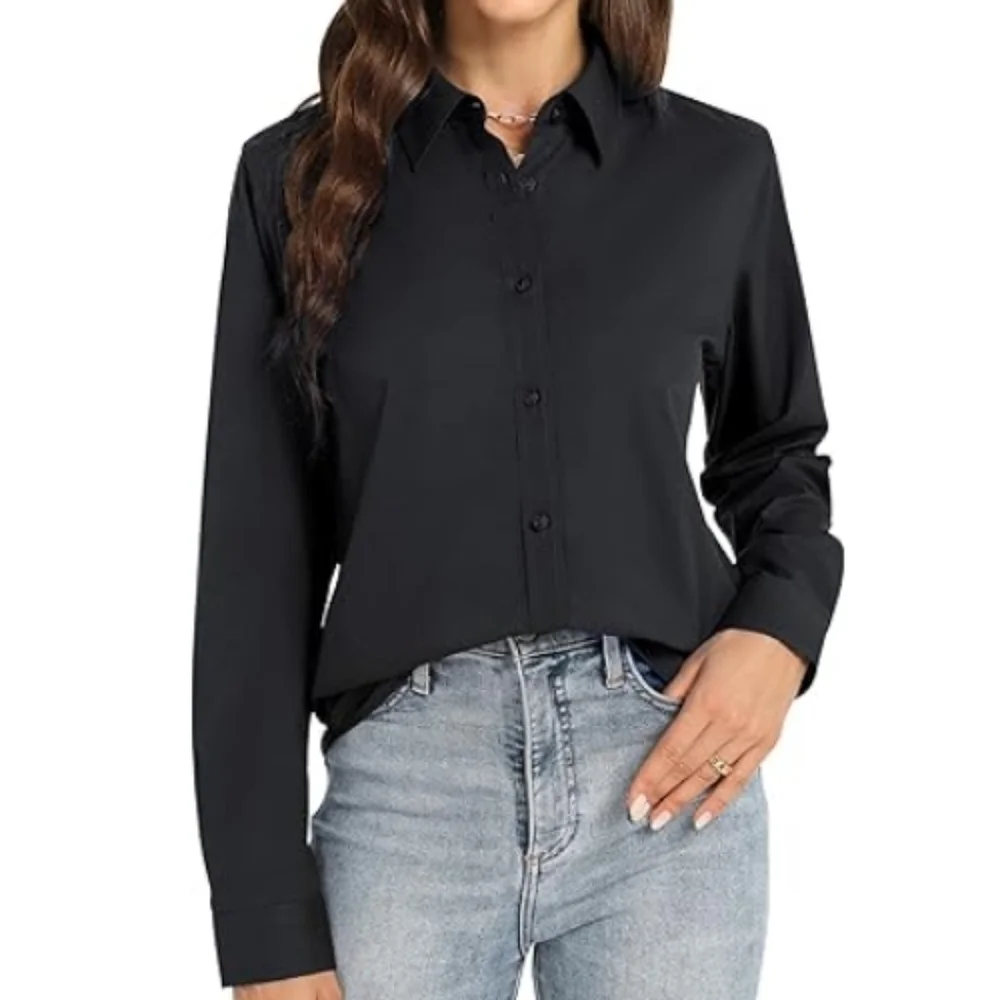 Button Down Long Sleeve Stretch Solid Work Shirt Black - Picture 5 of 6